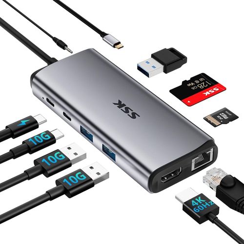 Hub USB-C 10 em 1 SSK - HDMI (4K/60Hz), 2 USB-A Gen2, 2 USB-C, PD 3.0 100w, RJ-45, SD/TF, Audio 3.5mm - SC207