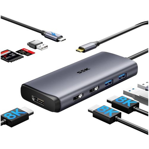 Hub USB-C 9 em 1 SSK - 2 HDMI (8K/30Hz) + DP (8K/30Hz), 1 USB 3.2, 1 USB 2.0, PD 3.0, SD + TF - SC217