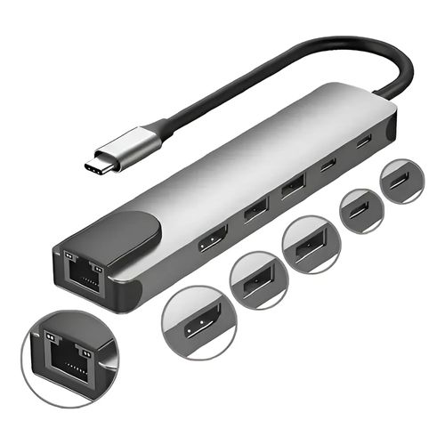 Hub USB-C - 6 portas - 2 USB + HDMI + Tipo C + PD + RJ45 - MD9 - 9621
